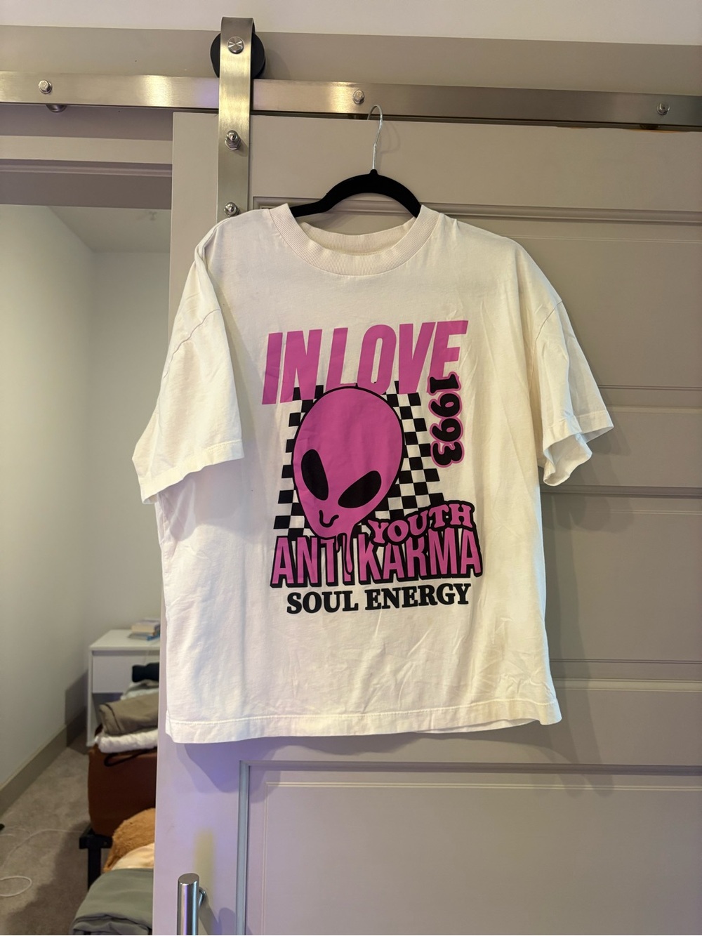 Divided White Tee with Pink Alien Graphic